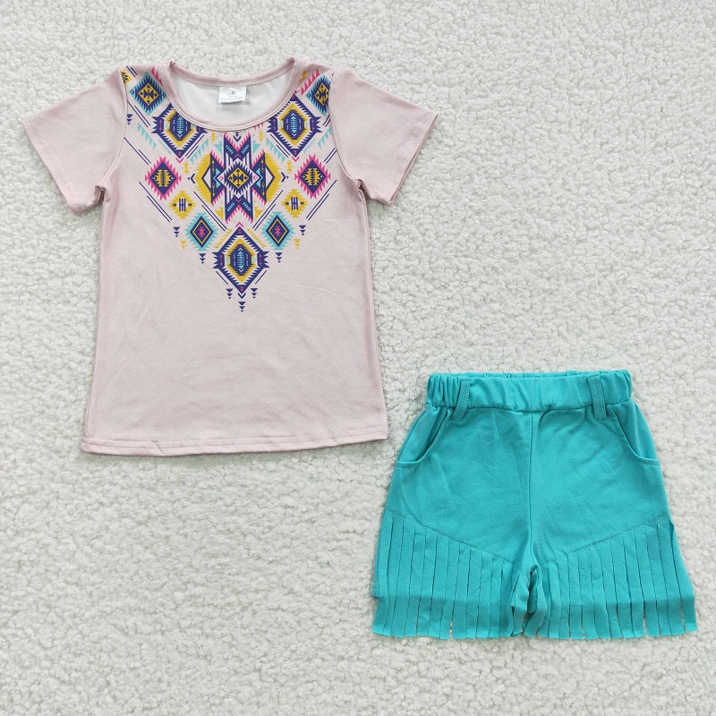 GSSO0272 Geometric Pattern Short Sleeve Blue Fringed Shorts Set