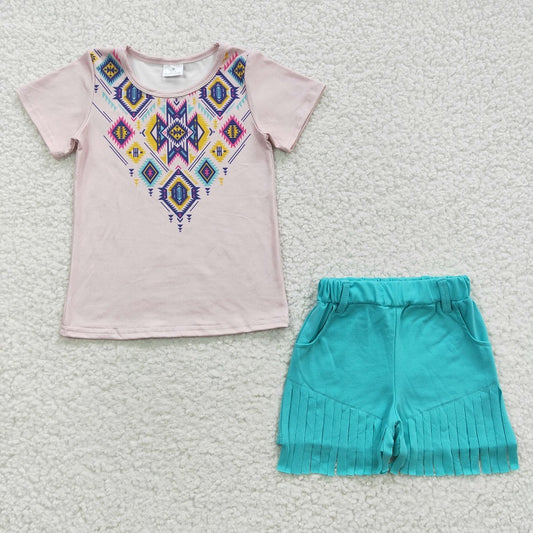 GSSO0272 Geometric Pattern Short Sleeve Blue Fringed Shorts Set D 4.10