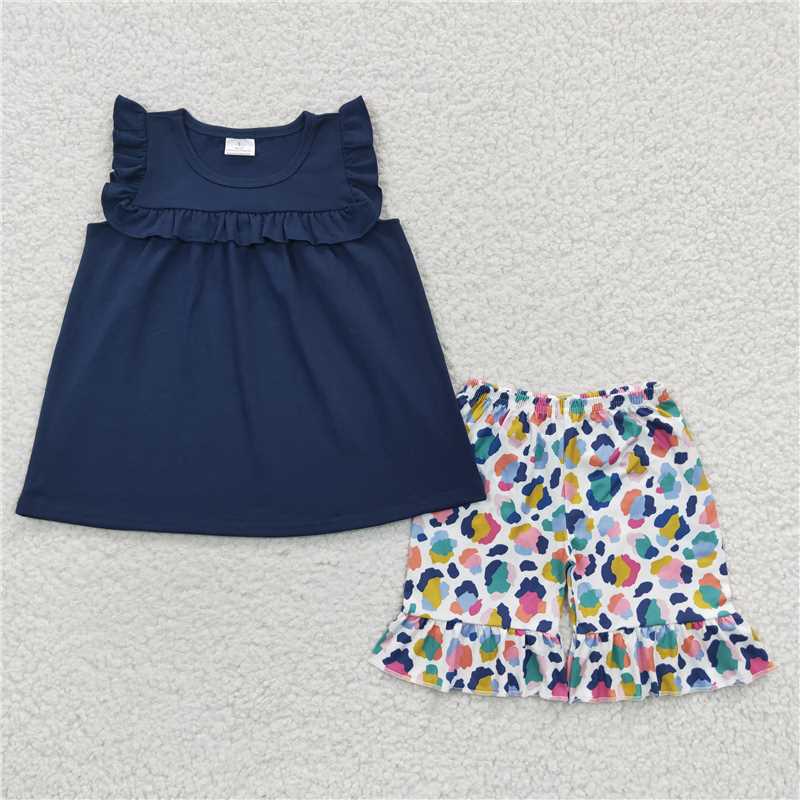 GSSO0298 Baby Girls Navy Blue Sleeveless Colorful Leopard Shorts Set