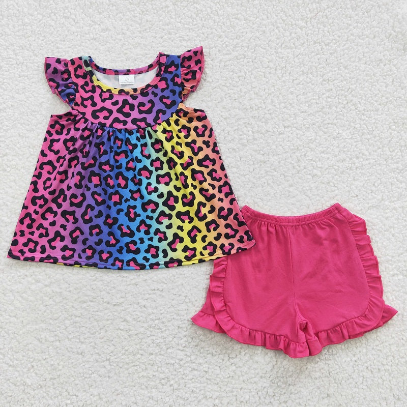 GSSO0299 Baby Girls Color Leopard Print Flying Sleeve Rose Red Shorts Set