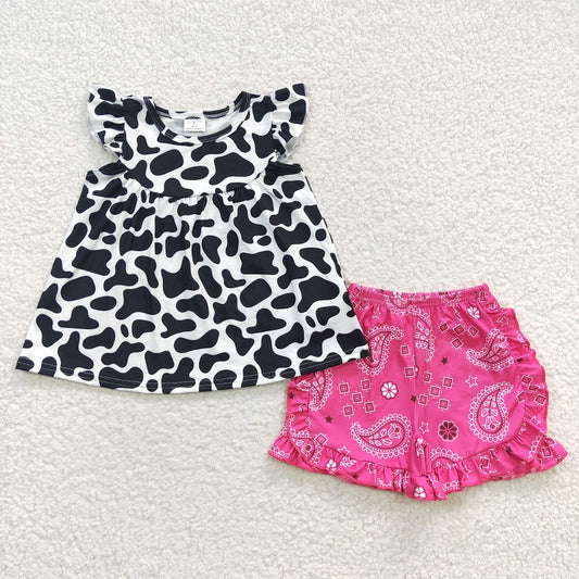 GSSO0300 Baby Girls Cow Pattern Flying Sleeve Rose Red Shorts Set