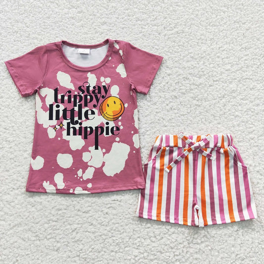 GSSO0314 Happy  Pink Short Sleeve Colorful Stripe Shorts Set