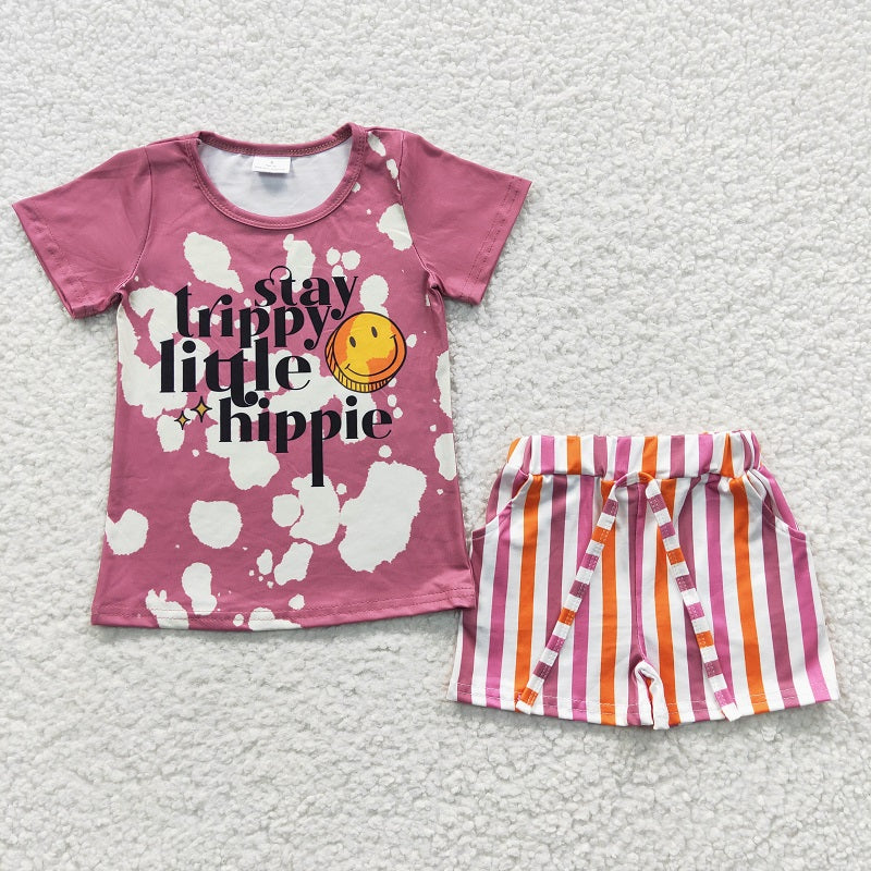 GSSO0314 Happy  Pink Short Sleeve Colorful Stripe Shorts Set