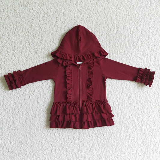 GT0014 Girls Burgundy Hooded Zip Long Sleeve Jacket