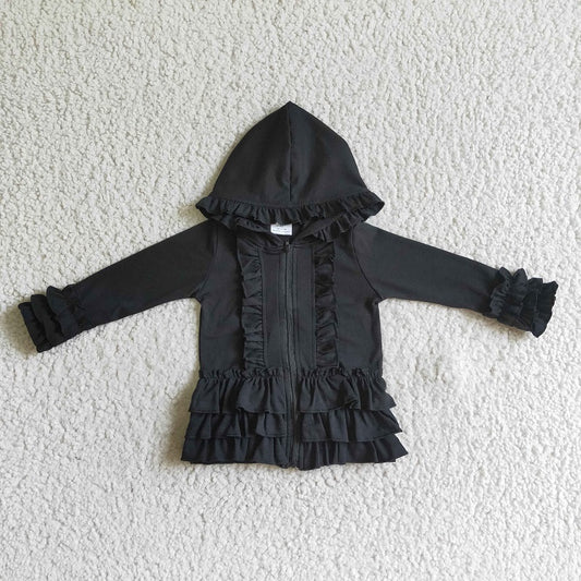 GT0016 BLACK COLOR COTTON LONG SLEEVE RUFFLE COAT