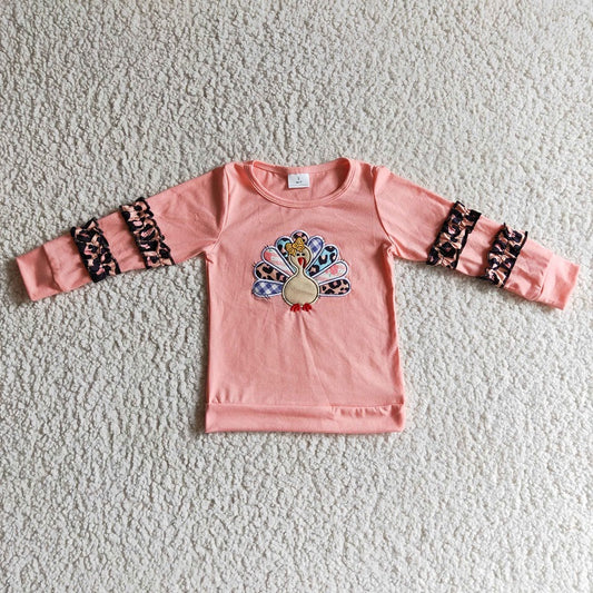 GT0040 Girls Embroidered Turkey Leopard Long Sleeve Top