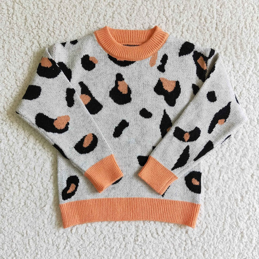 GT0041 Girls Grey Leopard Print Long Sleeve Sweater Top