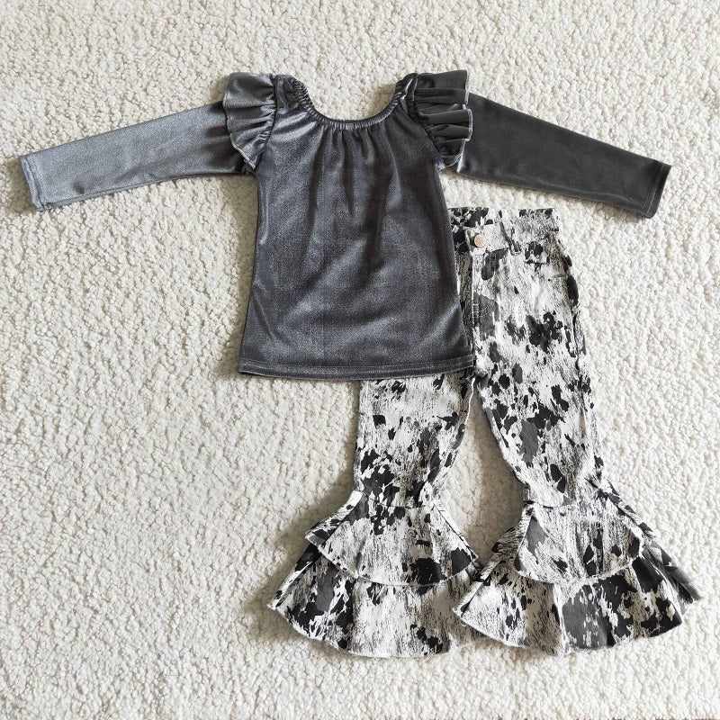 P0023+GT0063 Baby girls grey velet top with Ink Print Double Lace Jeans