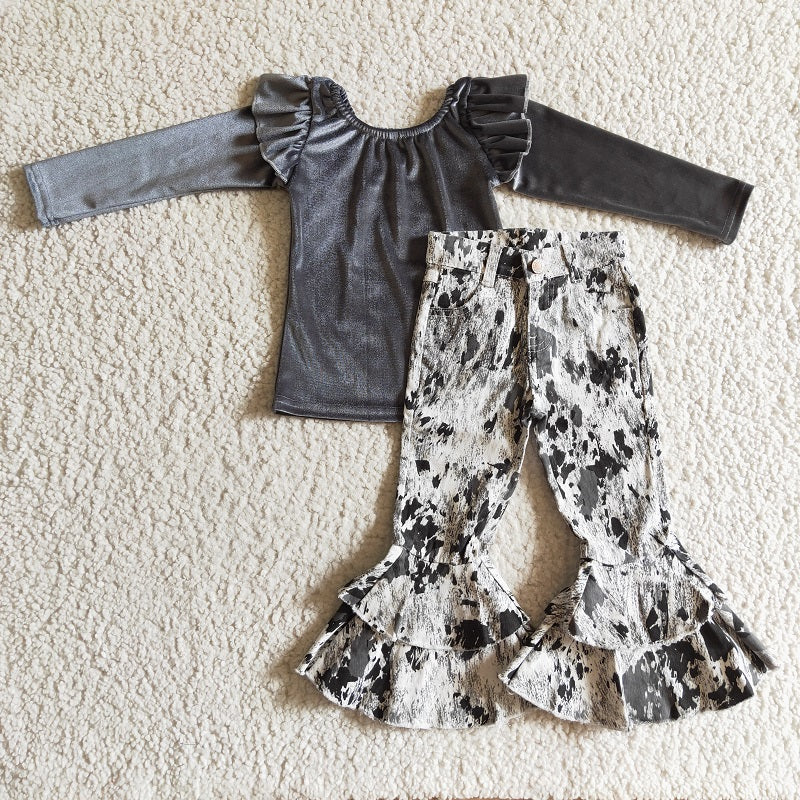 P0023+GT0063 Baby girls grey velet top with Ink Print Double Lace Jeans