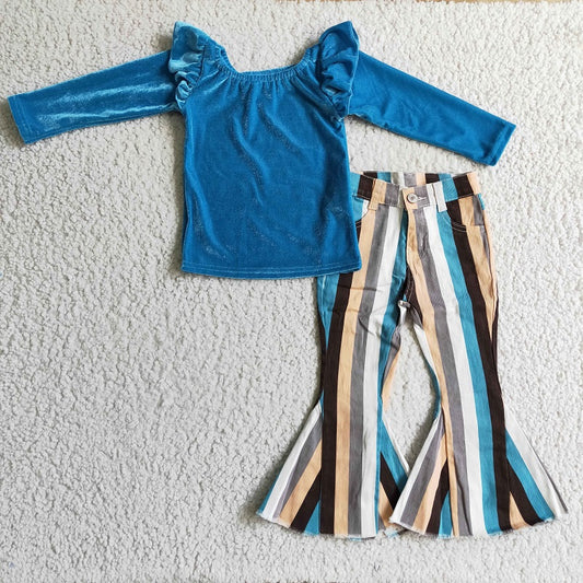 GLP0338 Girls Blue Gold Velvet Striped Trousers Suit GT0064+P0002