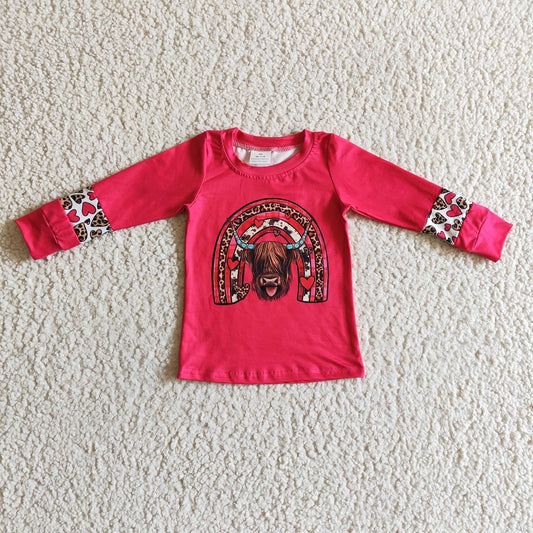 GT0067 Girls Alpine Cow Leopard Print Heart Rose Red Long Sleeve Top