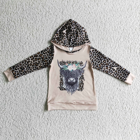 GT0069 Girls' Alpine Blossom Brown Leopard Print Hooded Long Sleeve Top