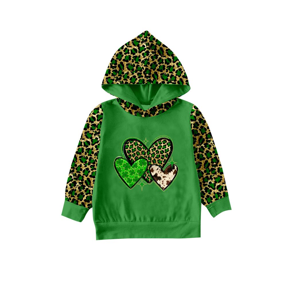 GT0074 Girls Leopard Print Heart Green Hooded Long Sleeve Top