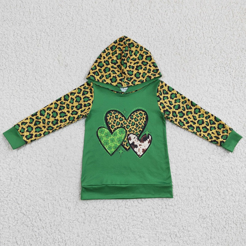 GT0074 Girls Leopard Print Heart Green Hooded Long Sleeve Top