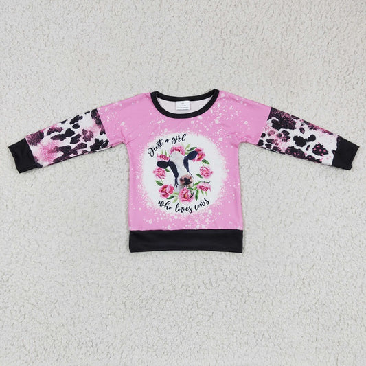 GT0077 Girls Cow Flower Pink Long Sleeve Top