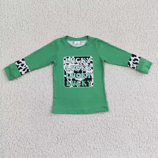 GT0081 Girls LUCKY green cow pattern long-sleeved top