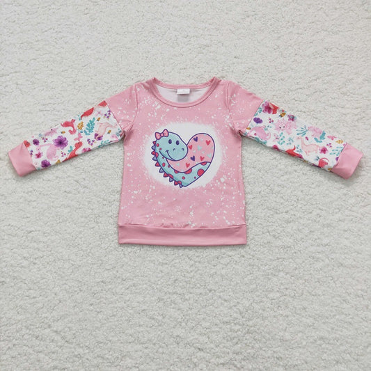 GT0087 Girls Pink Heart Dinosaur Long Sleeve Top