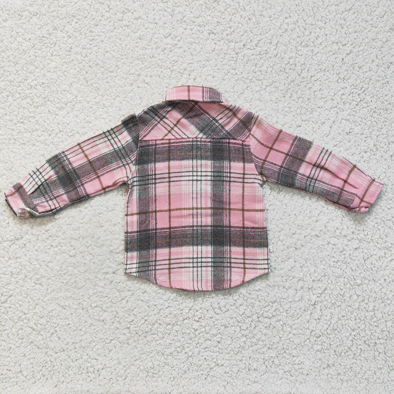 GT0094 Baby Girls Pink Striped Plaid Pocket Long Sleeve Shirt