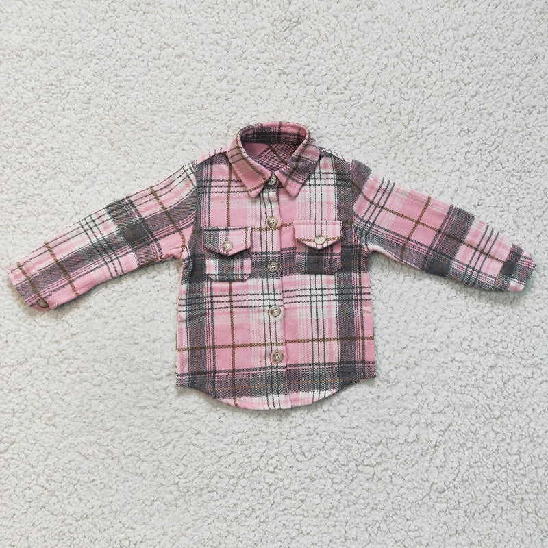 GT0094 Baby Girls Pink Striped Plaid Pocket Long Sleeve Shirt