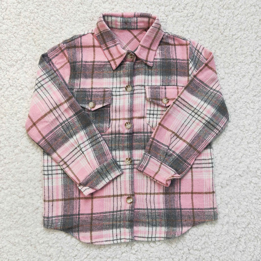 GT0094 Baby Girls Pink Striped Plaid Pocket Long Sleeve Shirt