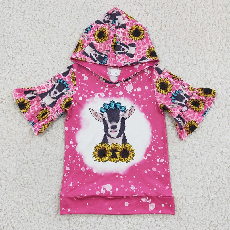 GT0096 Girls Cow Sunflower Gem Rose Hooded Short Sleeve Top