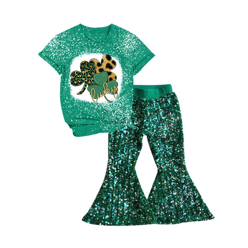 Girls Green Four Leaf Clover Short Sleeve Top+green sequin pants GT0109+P0033