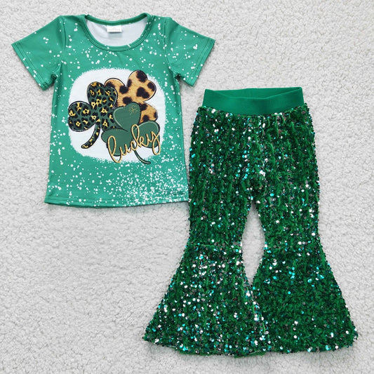 Girls Green Four Leaf Clover Short Sleeve Top+green sequin pants GT0109+P0033