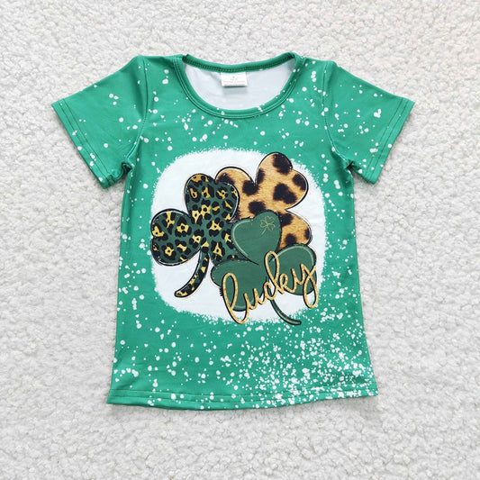 GT0109 Girls Green Four Leaf Clover Short Sleeve Top