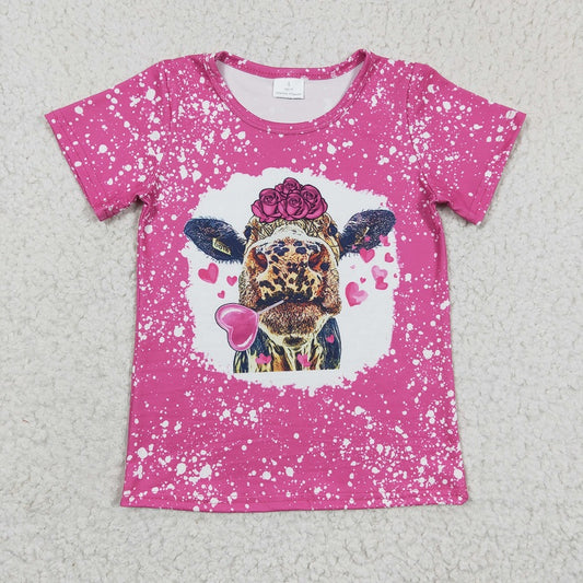 GT0111 Girl's love cow flower rose red short-sleeved top