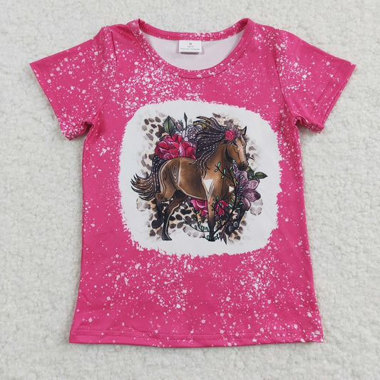 GT0122 Girls horse flower rose red short-sleeved top