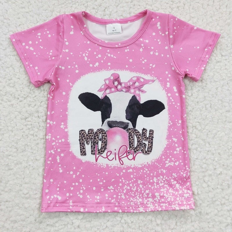 GT0128  Girls MOODY Cow Pink Short Sleeve Top