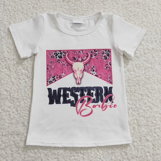 GT0134 Girls WESTERN pink bull head white short-sleeved top