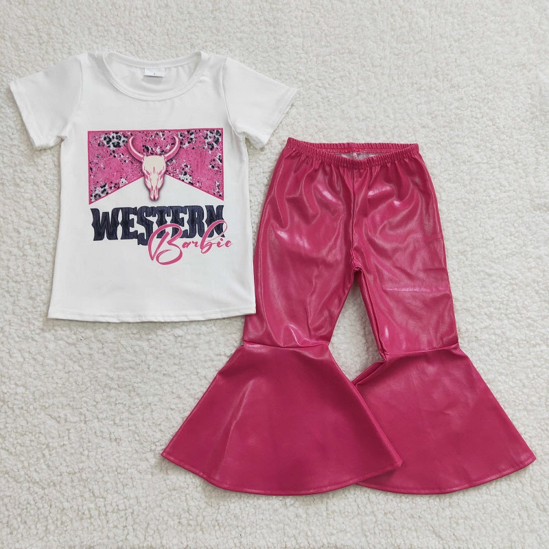 GT0134  Girls WESTERN pink bull head white short-sleeved top