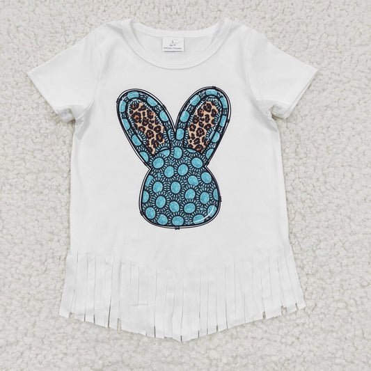 GT0136 Girls Gem Bunny White Tassel Short Sleeve Top