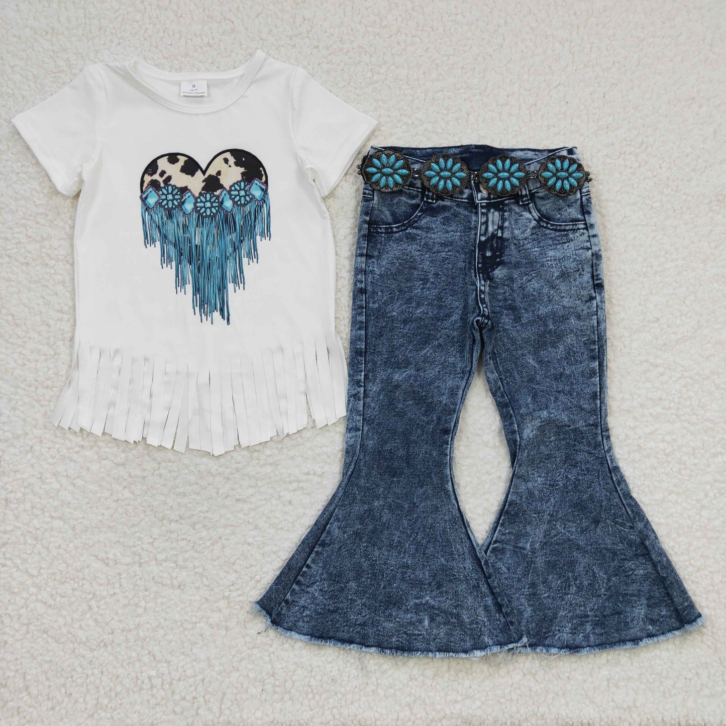 GT0137 Girls Heart Gem Tassel White Short Sleeve Top