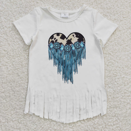 GT0137 Girls Heart Gem Tassel White Short Sleeve Top