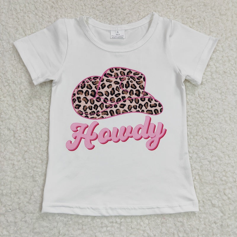 GT0138 Girl howdy leopard hat white short-sleeved top