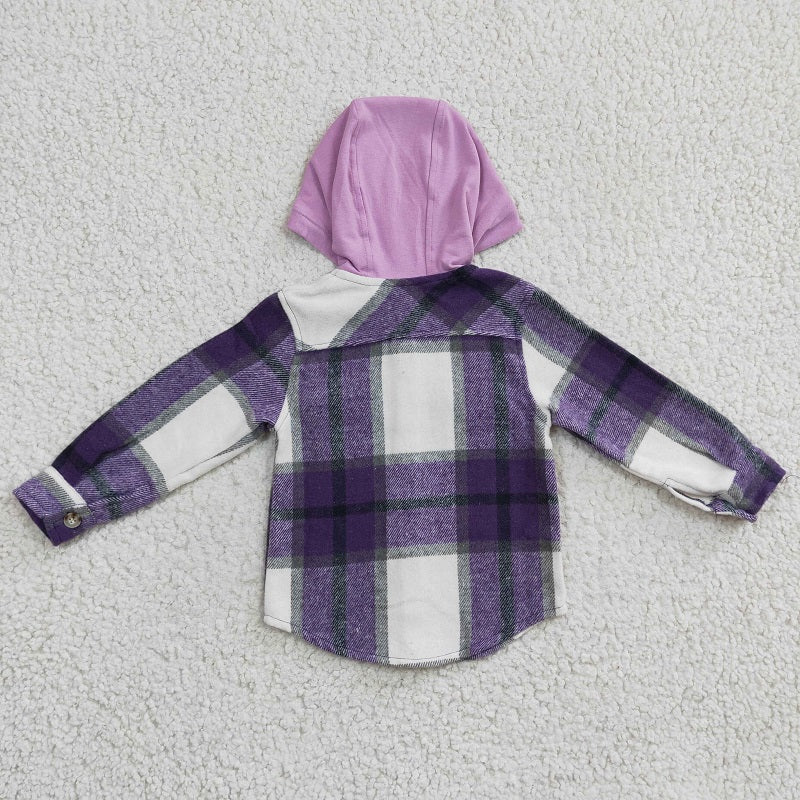 GT0150 Girls Purple Plaid Hooded Long Sleeve Shirt