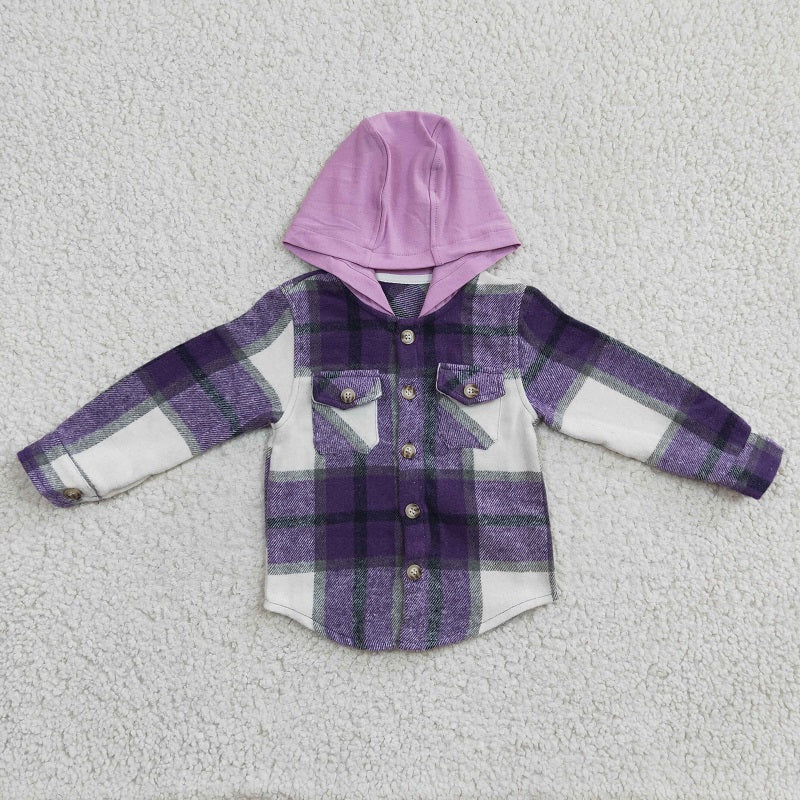 GT0150 Girls Purple Plaid Hooded Long Sleeve Shirt