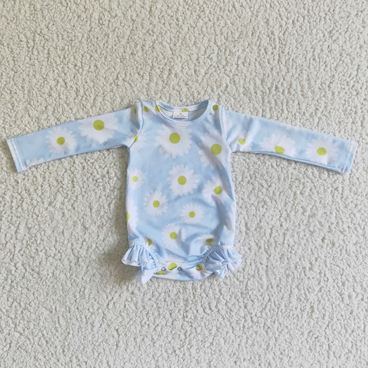 LR0002 Girls Light Blue Long Sleeve Daisy White Flower Bodysuit