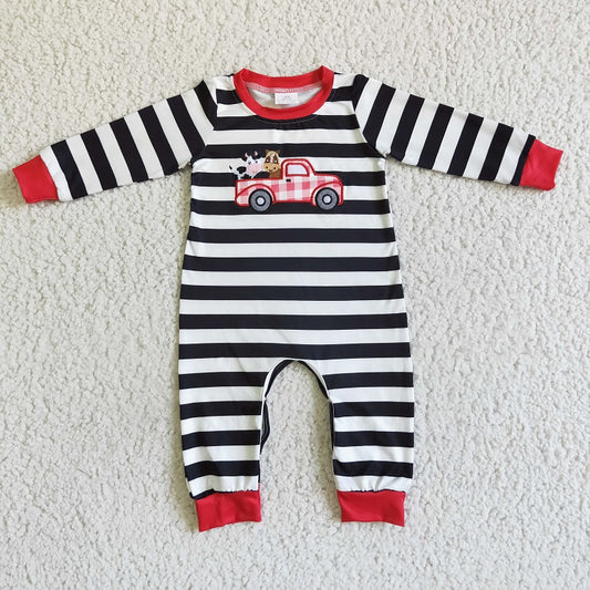 LR0016 Boys Embroidered Farm Car Black and White Striped Long Sleeve Bodysuit