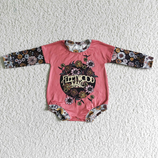 LR0020 Girls Flower Alphabet Pink Long Sleeve Bodysuit Romper D 1027