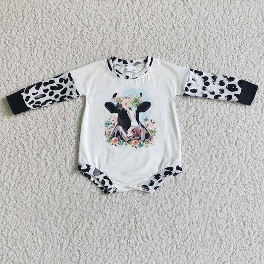 LR0026 Girls Cow Flower Black and White Long Sleeve Bodysuit D 7.12