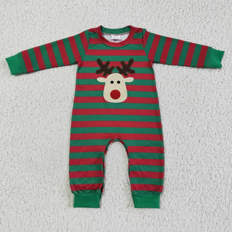 LR0028 Christmas Embroidered Fawn Green Striped Long Sleeve Bodysuit