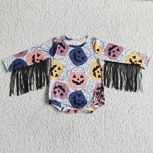 LR0048 Halloween Pumpkin Fringe Long Sleeve Bodysuit Romper