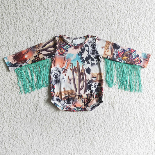 LR0049 Alpine Cow Patchwork Fringe Bodysuit Romper