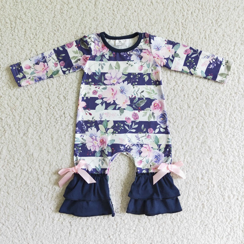 LR0063 Floral Striped Long Sleeve Bodysuit Romper