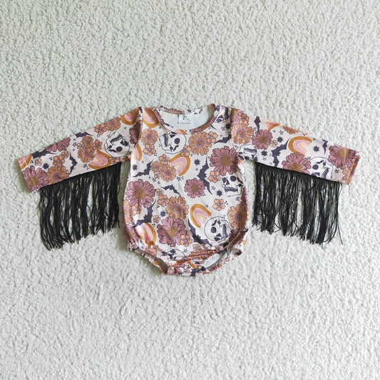 LR0064 Floral Skull Long Sleeve Fringed Bodysuit