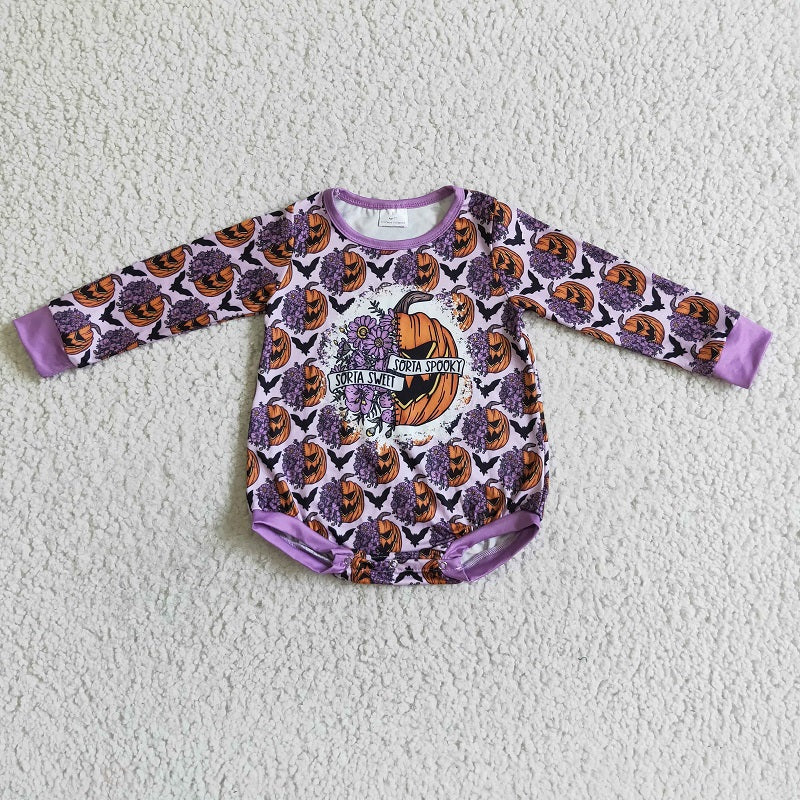 LR0079 Halloween Pumpkin Bat Long Sleeve Romper Bodysuit