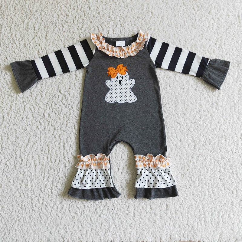 LR0129 Girls Embroidered Ghost Black and White Striped Long Sleeve Bodysuit